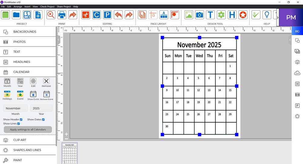 The calendar tab in PrintMaster 10